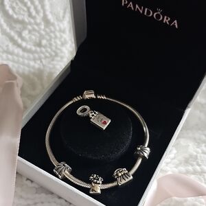 Pandora Bracelet With Silver And Gold Tone Charm Bracelet W Box Free Charm.